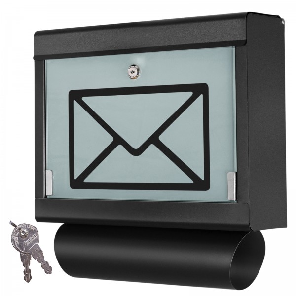 Grafner® Briefkasten mit Zeitungsrolle Schwarz aus Edelstahl und Glas Motiv Briefumschlag Postkasten