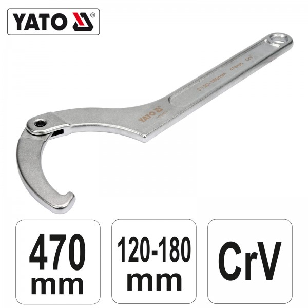 YATO Profi Gelenk Hakenschlüssel mit Nase für Nutmuttern YT-01674 120-180mm