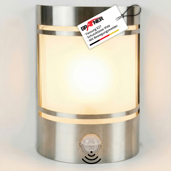 Grafner Edelstahl-Wandlampe mit Bewegungsmelder 153SQE27PIR WL10197