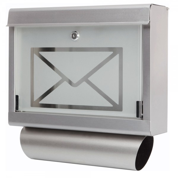 Grafner® Briefkasten mit Zeitungsrolle aus Edelstahl und Glas Motiv Briefumschlag Postkasten