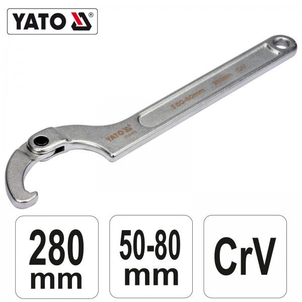 YATO Profi Gelenk Hakenschlüssel mit Nase für Nutmuttern YT-01672 50-80mm